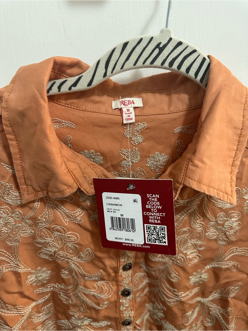 Reba Embroidered Rust-Orange Buttoned Collared Blouse - Picture 2 of 3